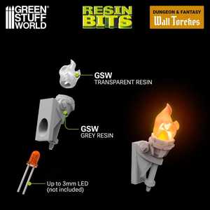 Green Stuff World: 3D Printed Resin Set - Wall Torches for 3mm LEDs (5) (1:48-1:35)