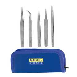 SET OF 5 STAINLESS STEEL TWEEZERS, anti magnetic, incl. storge case